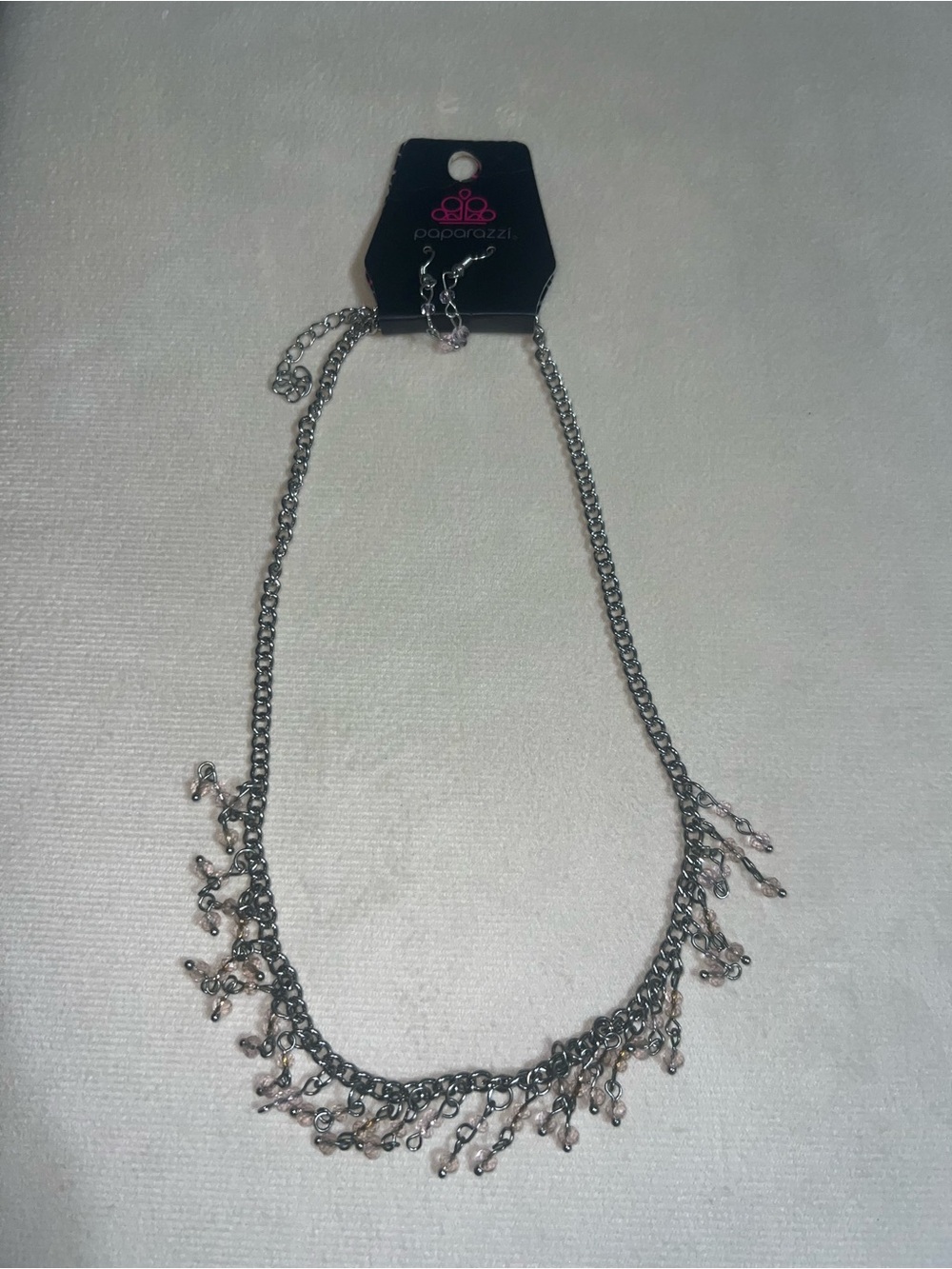 Paparazzi Silver Tone Clear Pink Beaded Fringe Necklace